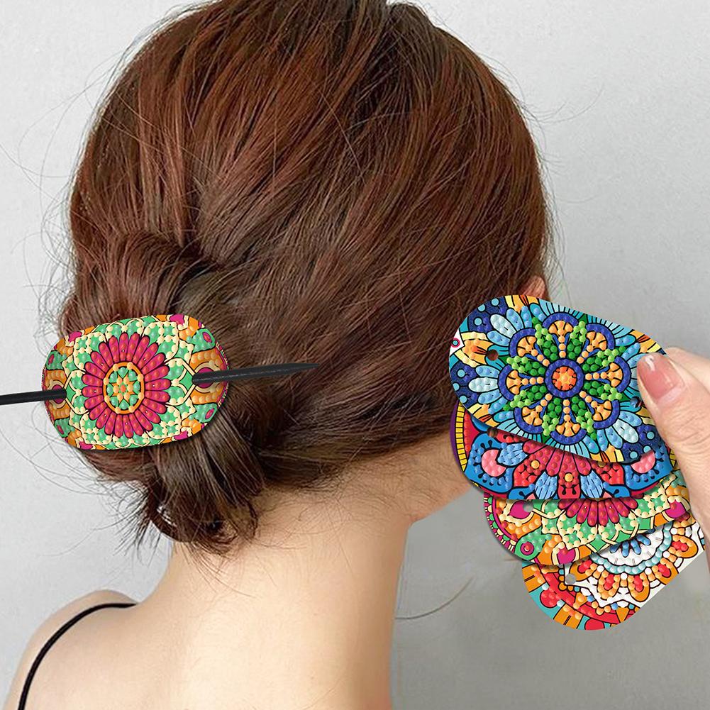 5Pcs PU Mandala Pattern Diamond Embroidery Painting Hairpins Kit Handmade Diamond Headware Hair Sticks Gifts for Women Girls