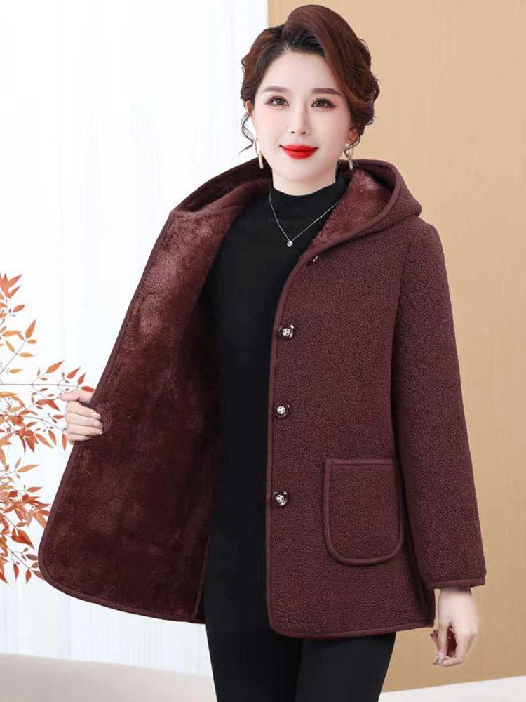 Women's Winter Fleece Jacket: Hooded, Thick, Warm Wool Blend Coat for Middle-Aged and Elderly