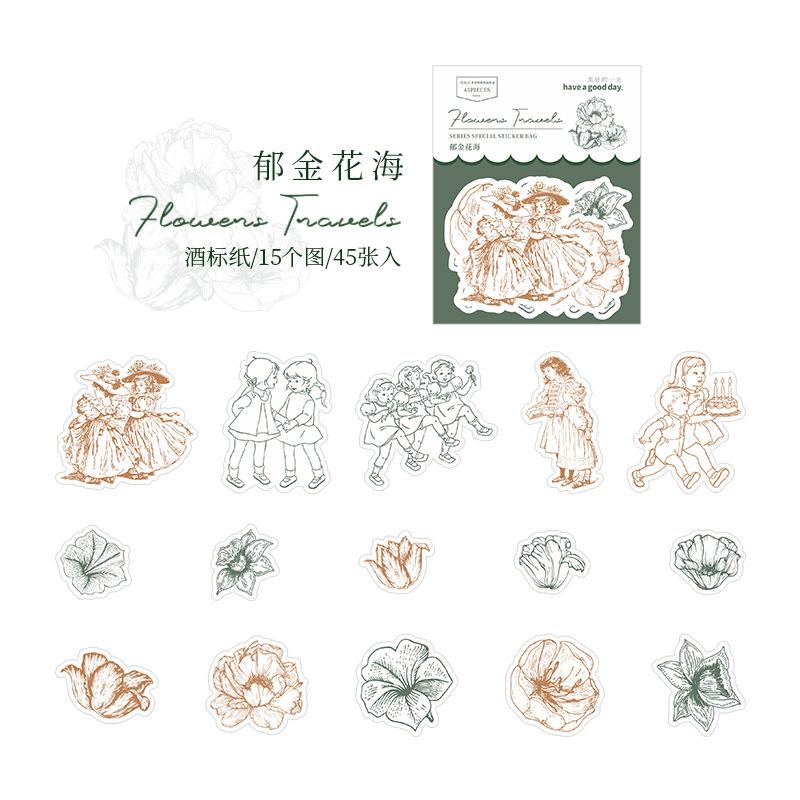 45 st Retro Handmålade Blomsterfigur Bladklistermärken Konstnärlig Akvarellstil Dagbok DIY Dekorationsmaterial