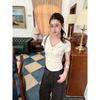 Korean V-neck kink short-sleeved t-shirt women's summer slim-fit pleated versatile top