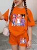 Summer Suit for Girl Fashion K-Pop Cartoon Girl Print Kids Set Outdoor Casual Streetwear Short Sleeves Teen Girl Clothes Suit