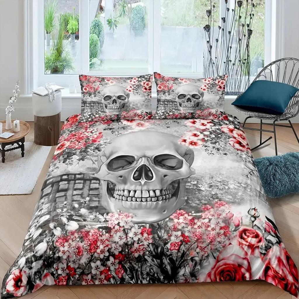 Gotisches Zuckerschädel Knochen Bettwäsche Set Skelett Hand Bettdecke Bezug Rosenblätter Romantische Blumen