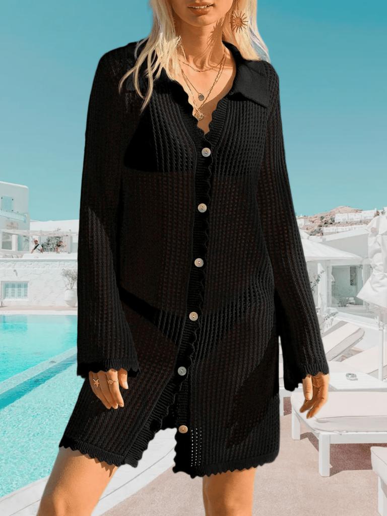 Women's Crochet Beach Cover Up Button Down Long Sleeve Cardigan Mini Dress