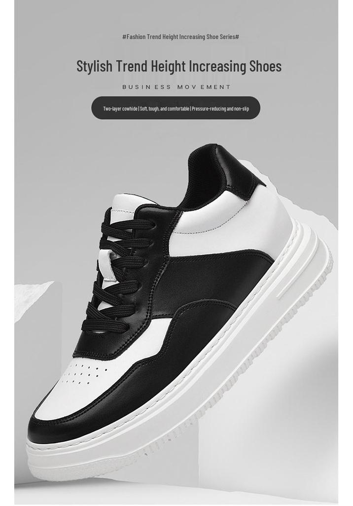 Men's Height Increasing Platform Shoes - 6CM Lift, Thick Sole, Cowhide Surface, Sports-Inspired, Fashionable Casual Footwear for Spring and Autumn