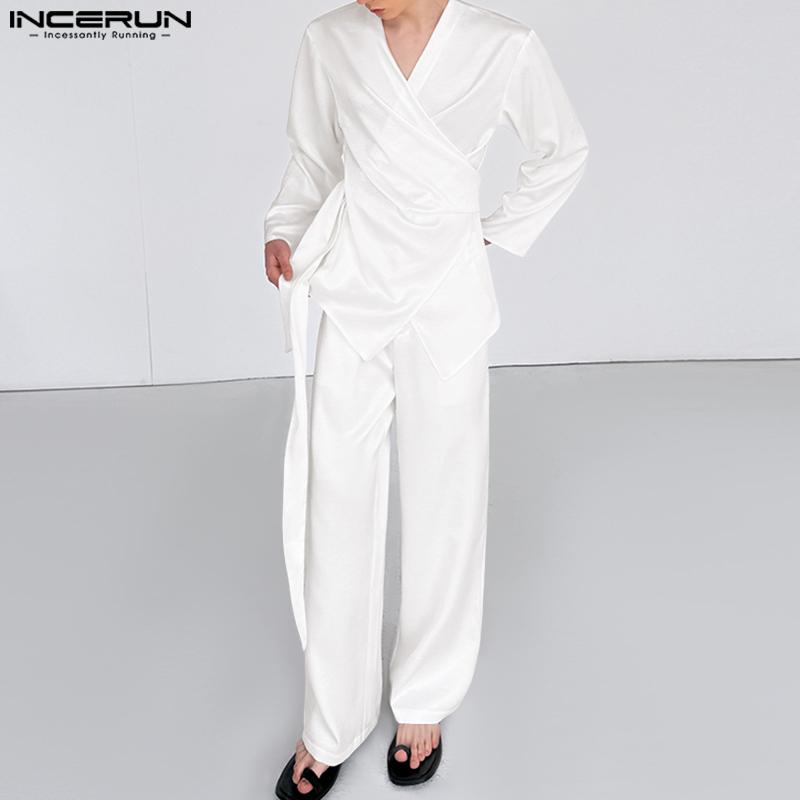 INCERUN 2PCS Men Long Sleeve Irregular TopsLong Straight Pants Sets Two Pieces Outfits