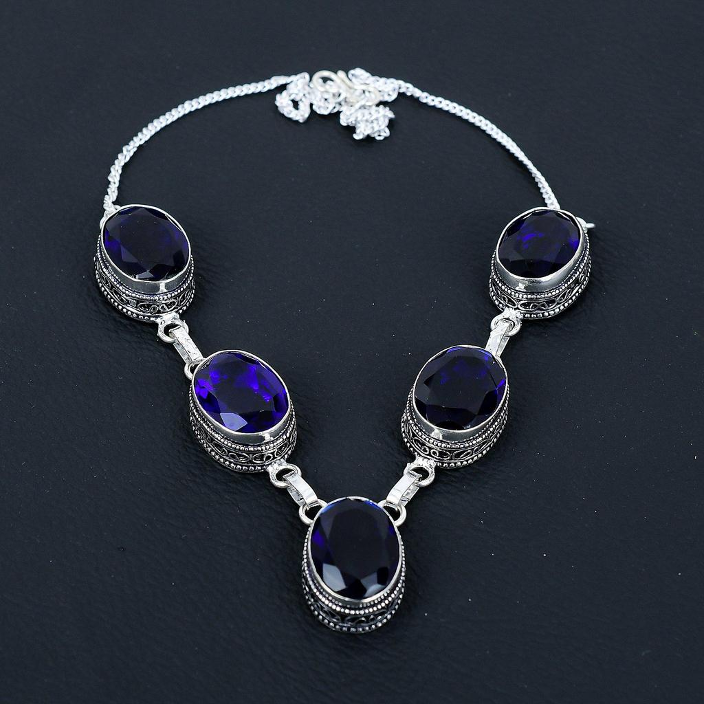 Blauer Saphir Edelstein Handgemachte 925 Sterling Silber Halskette, Antike Schmuck Halskette, Blaue Saphir Halskette für Frauen, Schmuck für Geschenke
