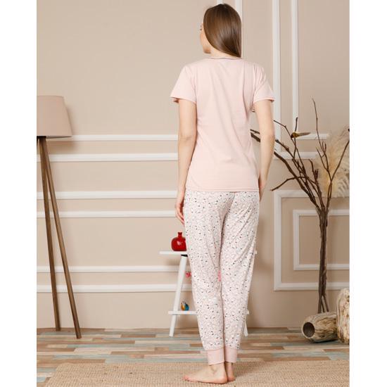 Akbeniz Women's Pink Lace Cotton Pocket Short Sleeve Ribana Trousers