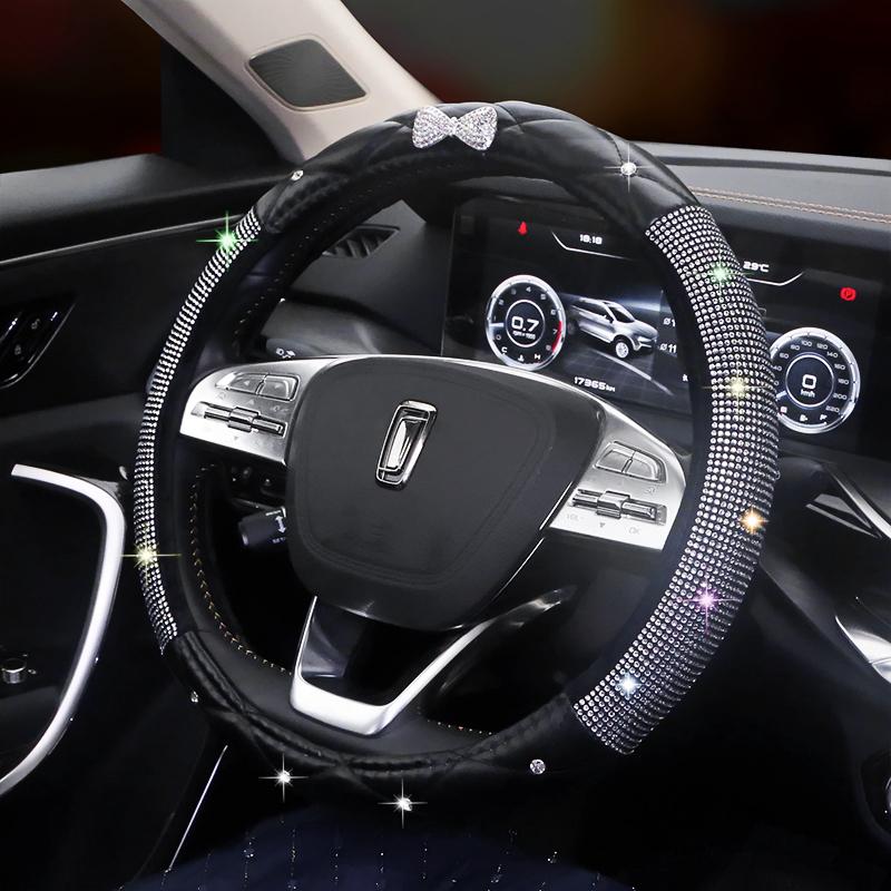 Women's D-Shape All-Season Non-Slip Steering Wheel Cover with Rhinestones