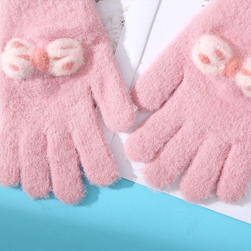 New girls knitted children's thermal gloves winter thickened bow jacquard five fingers cycling homework full finger