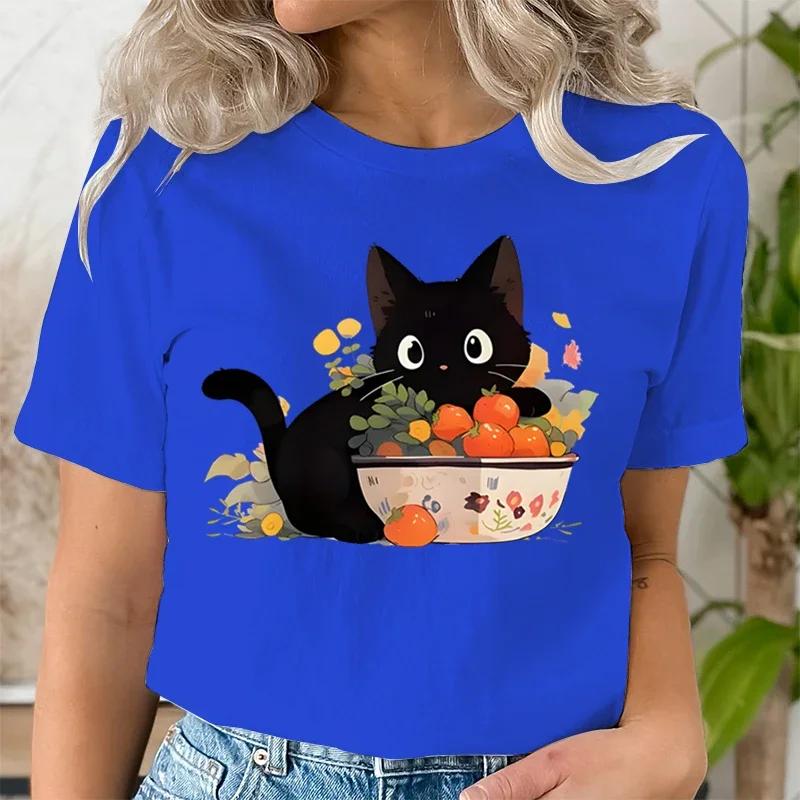 Женская футболка с принтом «Черная кошка и мандарин» — фото 3