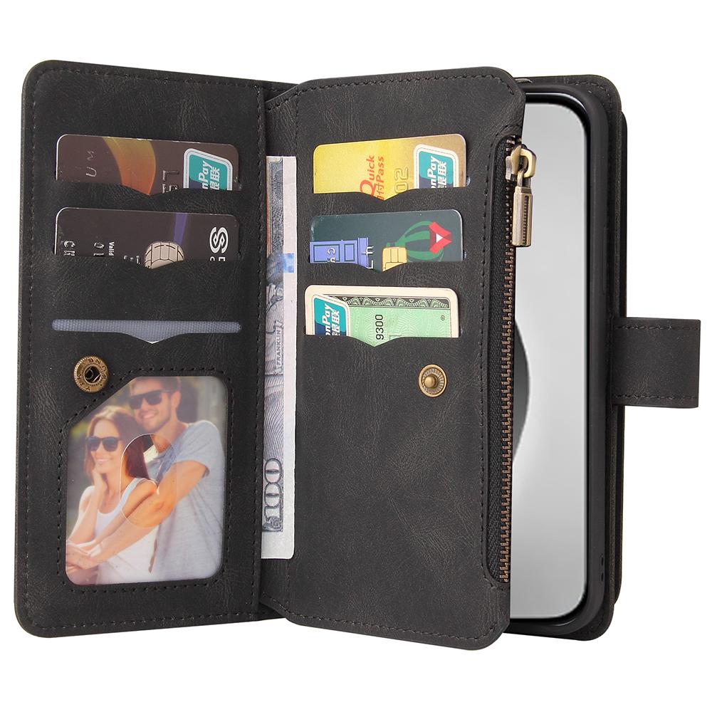 For iPhone 16 Pro Max Zipper Wallet Case with 15 Card Slots and Strap Leather Phone Cover