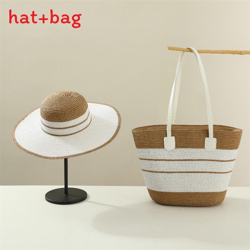 Woven Sun Hat And Large Capacity Straw Tote With Striped Pattern For Travel And Casual Wear