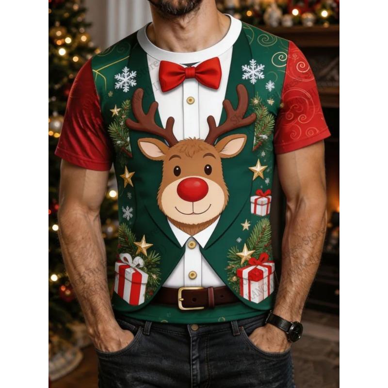 Funny Christmas Tree Fake Suit 3D Print T-shirt Men Women Fashion Short Sleeve Xmas Tops Tees Mens Clothing Reindeer Elk Apparel