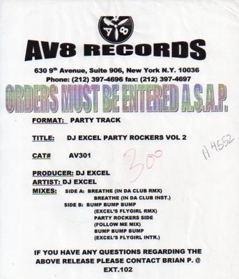 12-Zoll Schallplatte DJ EXCEL - DJ Excel's Party Rockers Vol. 2 AV301 AV8 Records 2003 US Rap & Hip-Hop/R&B Gebraucht
