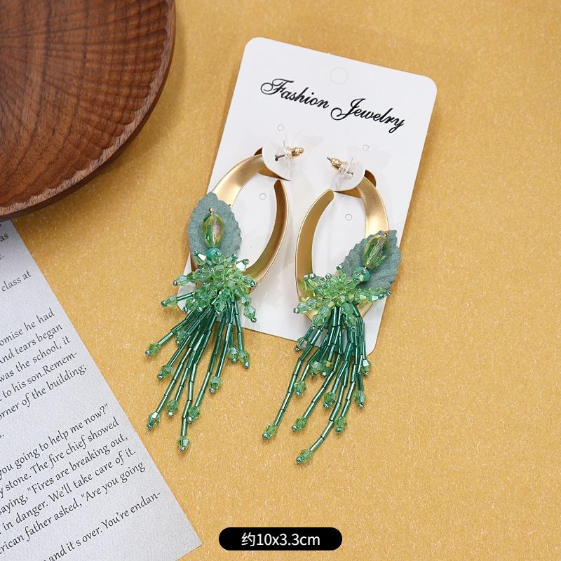 Bohemian Crystal Fringed Flower Large Circle Stud Earrings Women's Long Temperament Vacation Earrings Retro Earrings