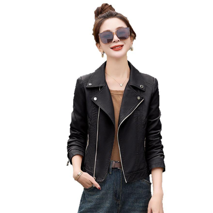 Fashion design textured leather jacket women's coat spring and autumn new lapel top locomotive suit short leather jacket tide