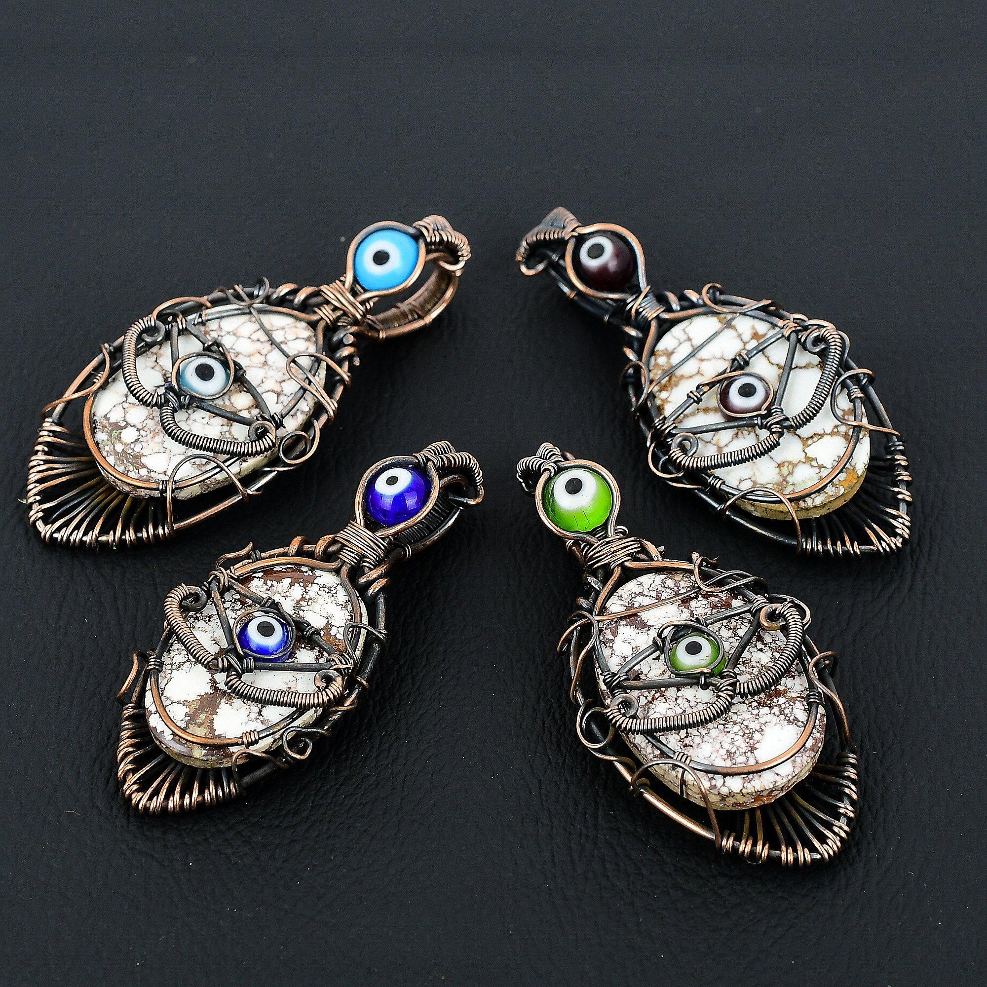 

Wild Horse Jasper & Blue Evil Eye Pendant, 999 Copper Wire Wrapped Gemstone Jewelry, Handmade Pendant, For Thanksgiving 3.55 Inches