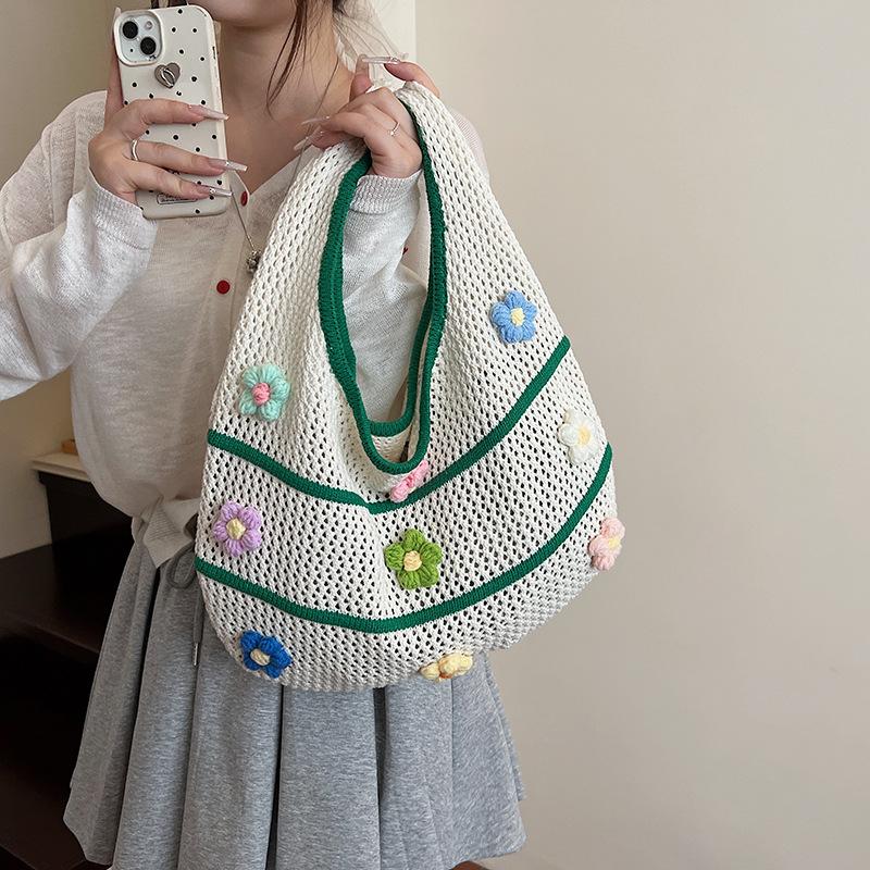 Fashion Knit Beach Bag for Women Large Capacity Summer Tote with 3D Floral Decor Girls Casual Shoulder Handbag Travel Bags KTB