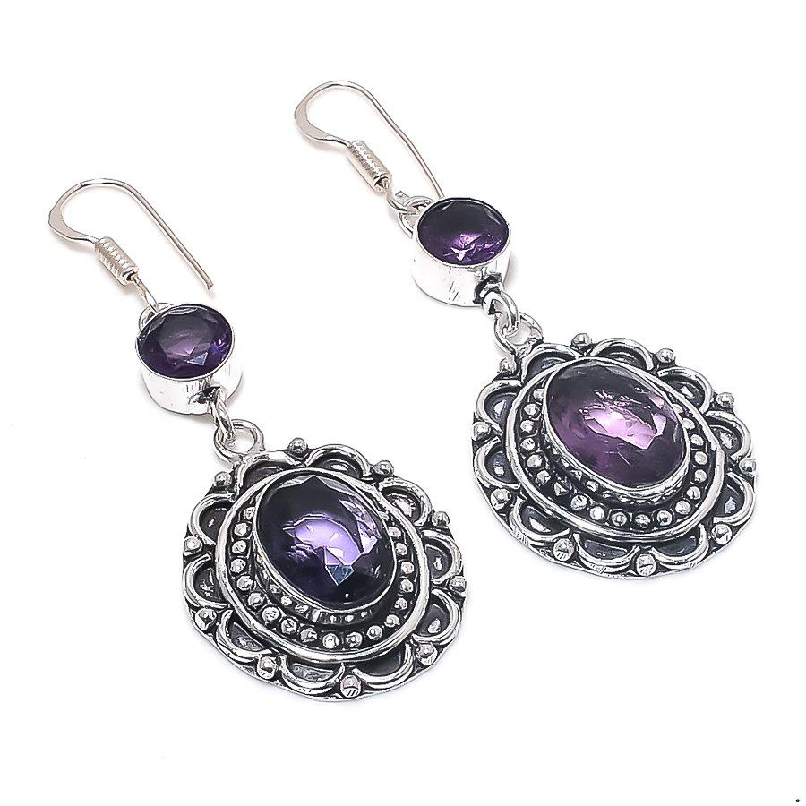 Natural Amethyst Gemstone Handmade 925 Sterling Silver Earring 2.36" p7N18