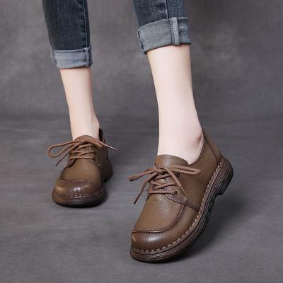 Handgefertigte Leder-Softsohle lässige kleine Lederschuhe Damen Herbst Neu Bequeme Schnürung Rindsleder Einzelschuhe Retro Damenschuhe Dicke Sohle