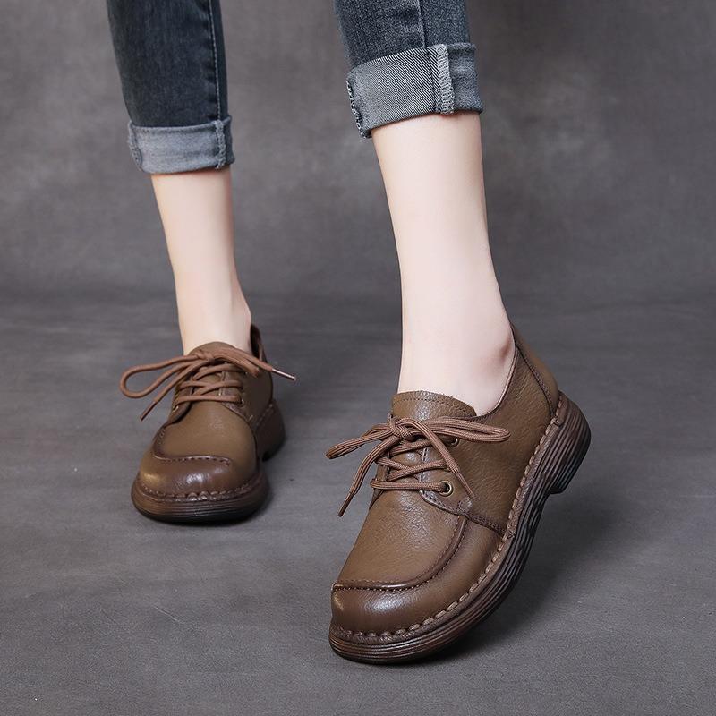 Scarpe basse casual in pelle fatte a mano per donna, autunnali, nuove, comode, stringate, in pelle di vacchetta, scarpe singole, scarpe da donna retrò, suola spessa