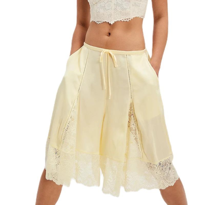 Women Y2k Lace Floral Bloomers Pants Silk Satin Patchwork Ruffles Coquette Half Slip Midi Pants Streetwear