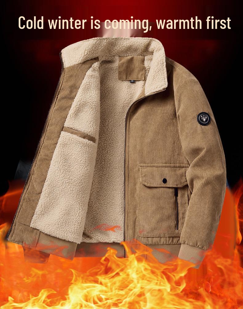 Men's Corduroy Stand Collar Jacket - Winter 2025. Warm Lambswool Lined, Casual Loose Fit Workwear.