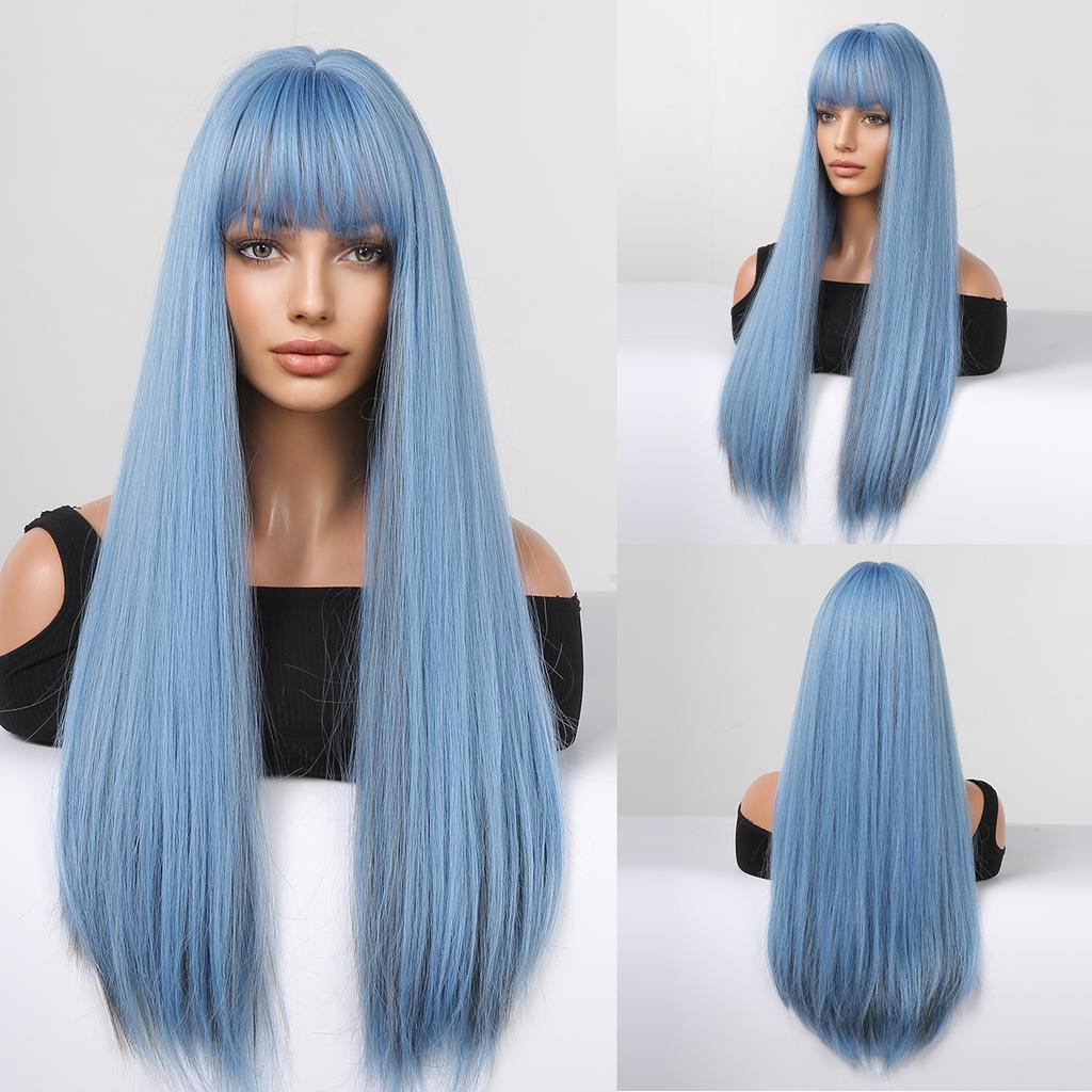 Long Wavy Layered Black-Brown Shoulder-Length Wigs With Bangs Heat Resistant Synthetic Wigs for Women Cosplay Daily Natural Wigs