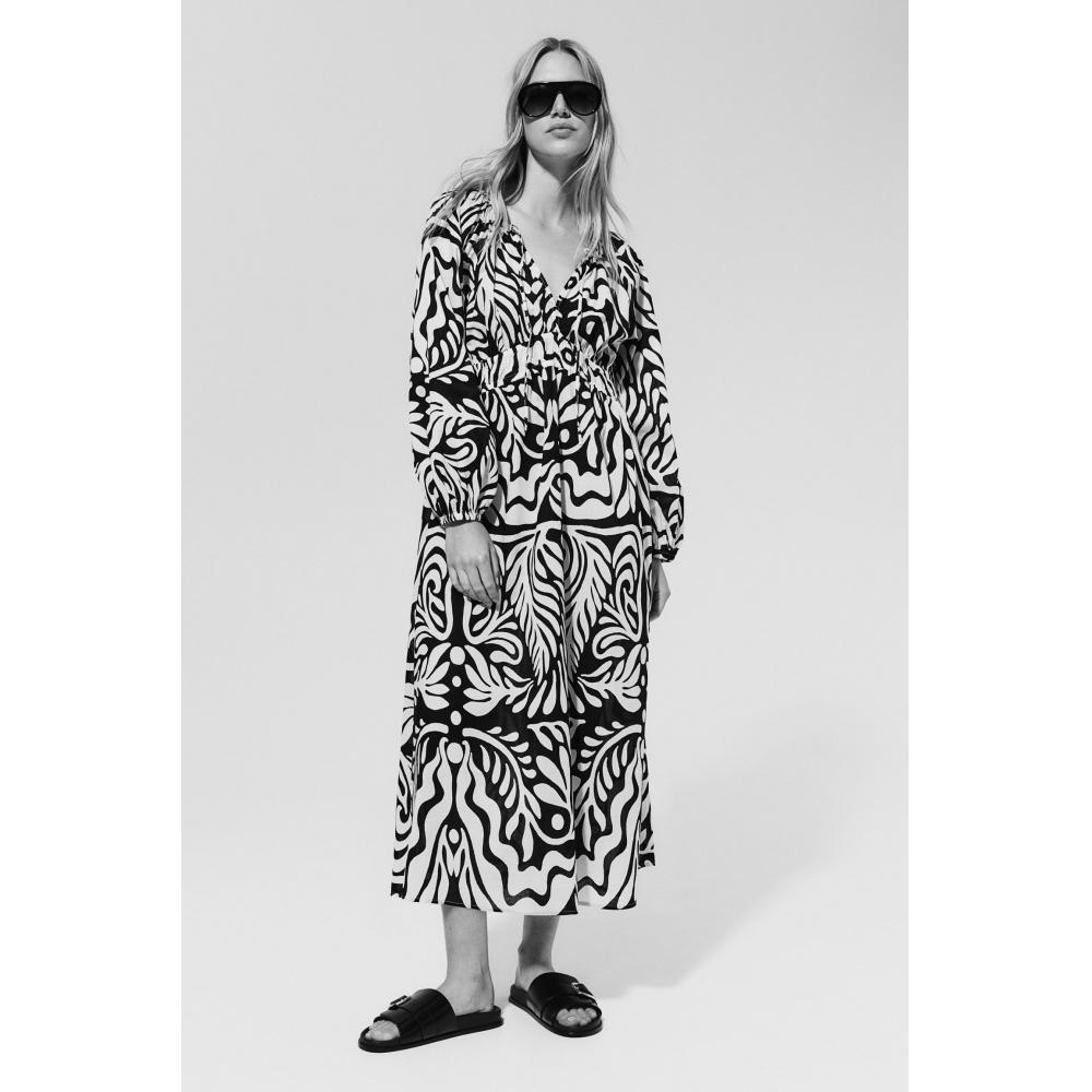 

H M Balloon Sleeve Cotton Dress Black White Pattern