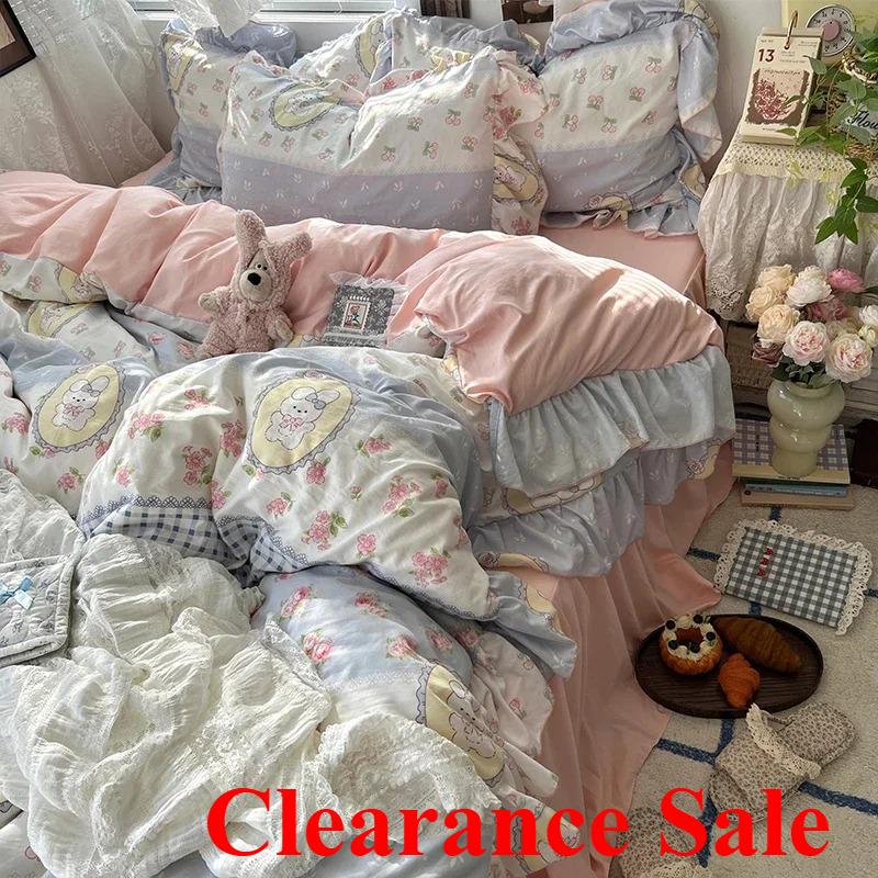 New Korean Princess Style Floral Ruffles Bedding Set Skin-Friendly Soft Duvet Cover Set Bed Sheet Or Bed Skirt Pillowcases