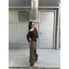 Fashionable Street Casual Shell Button Off-shoulder Long-sleeve High-stretch T-shirt