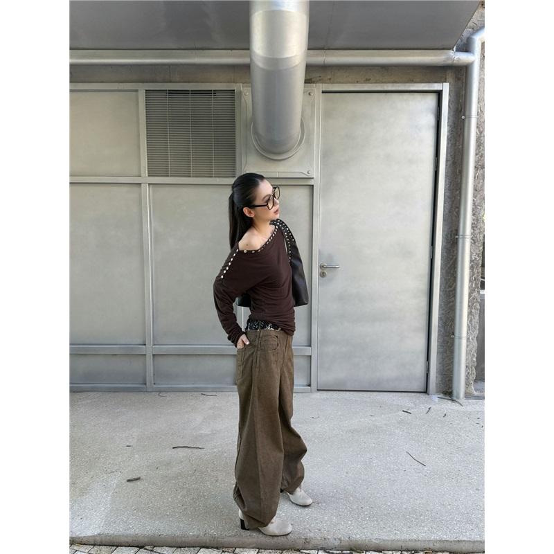 Fashionable Street Casual Shell Button Off-shoulder Long-sleeve High-stretch T-shirt