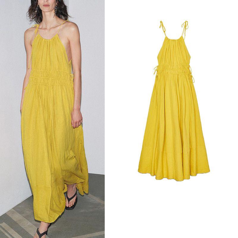 Summer New Product Women's Clothes Ruched Fabric Bows Trim Linen Blended round Neck Length Dress 4043068