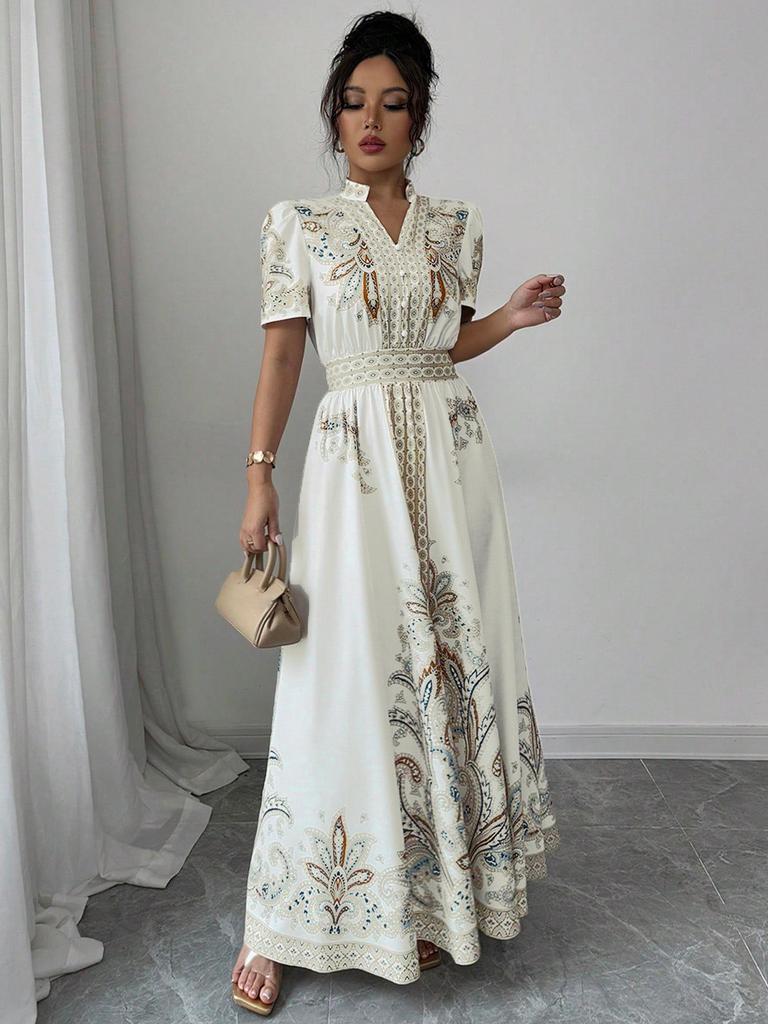 Retro Paisley Hochtailliertes Spitzenbesetztes Langes Kleid - Damen Sommerkollektion 2025