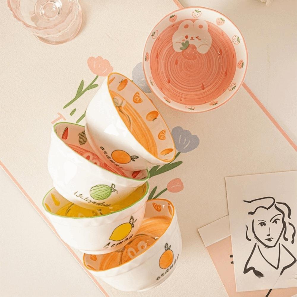 Strawberry Rabbit Pattern Rice Bowl Under Glaze Color Noodle Bowl Soup Bowl Dinnerware