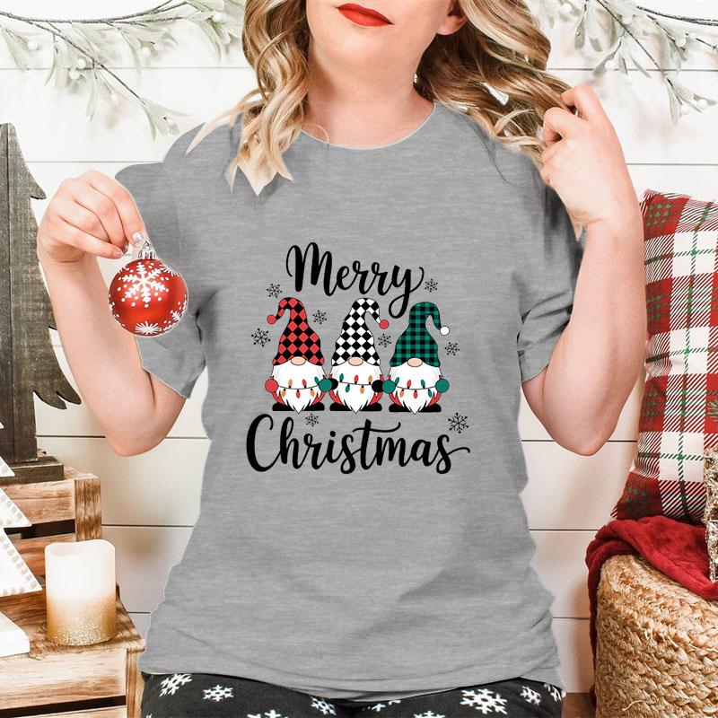 Merry Christmas Gnomes Print Womens Tshirt Fashion Casual Holiday Party Female Tops Tees Short Sleeve Tshirt Women Xmas Gift