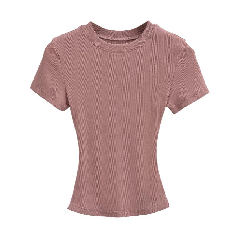 Summer New Female American Spice Girl Solid Color Crew Neck Short Sleeve T-Shirt Basic Threaded Bottom Top