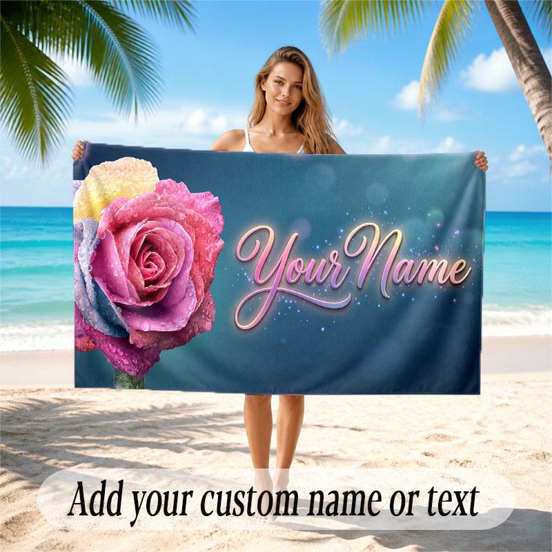 Floral Garden Theme Soft Beach Towel Personalized Custom Name Text Towel Portable for Beach Pool Travel