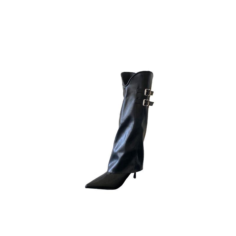 2025 Autumn and Winter New Pointed Head Thin Heel High Heel Temperament French Fashion Sexy Beautiful Women Belt Buckle Trouser Leg Boots Boots