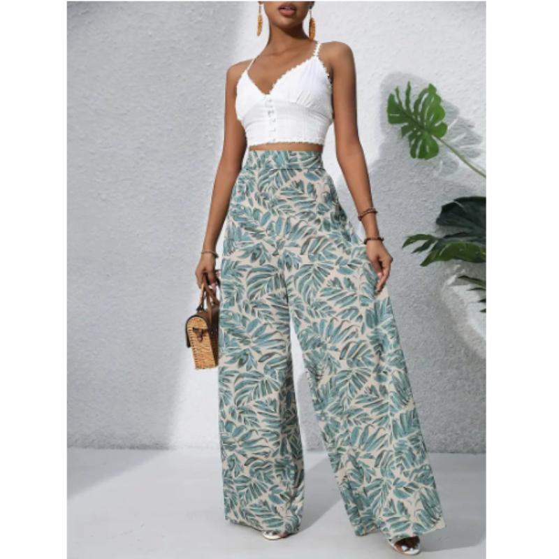 Women's Bohemian Floral Print Wide-Leg Pants High Waist Trousers for Spring and Summer