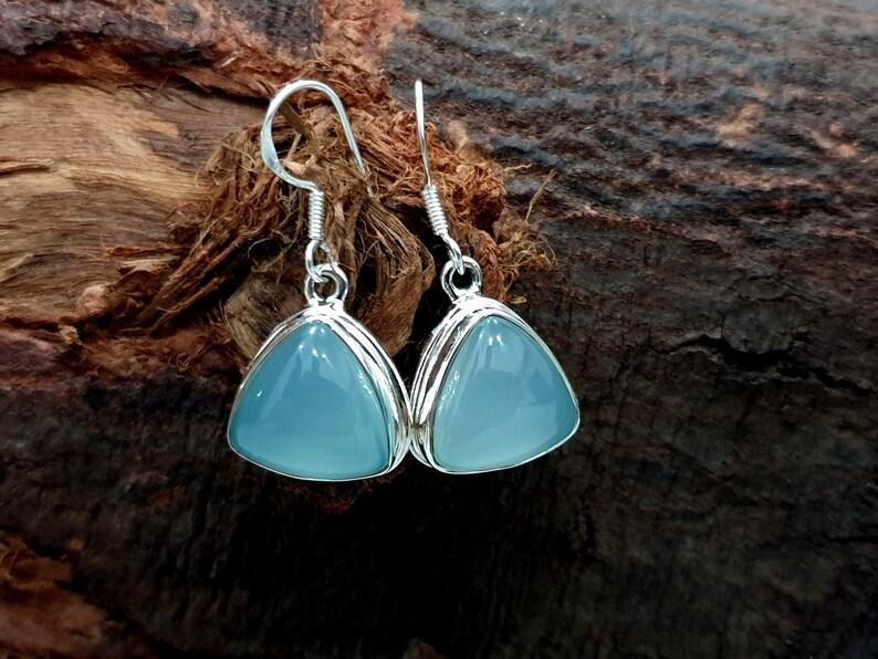 Aqua Chalcedony Gemstone Triangle Earring, Handmade Jewelry, Birthday Gift, Valentine Jewelry, Women Earring, 925 Sterling Silver