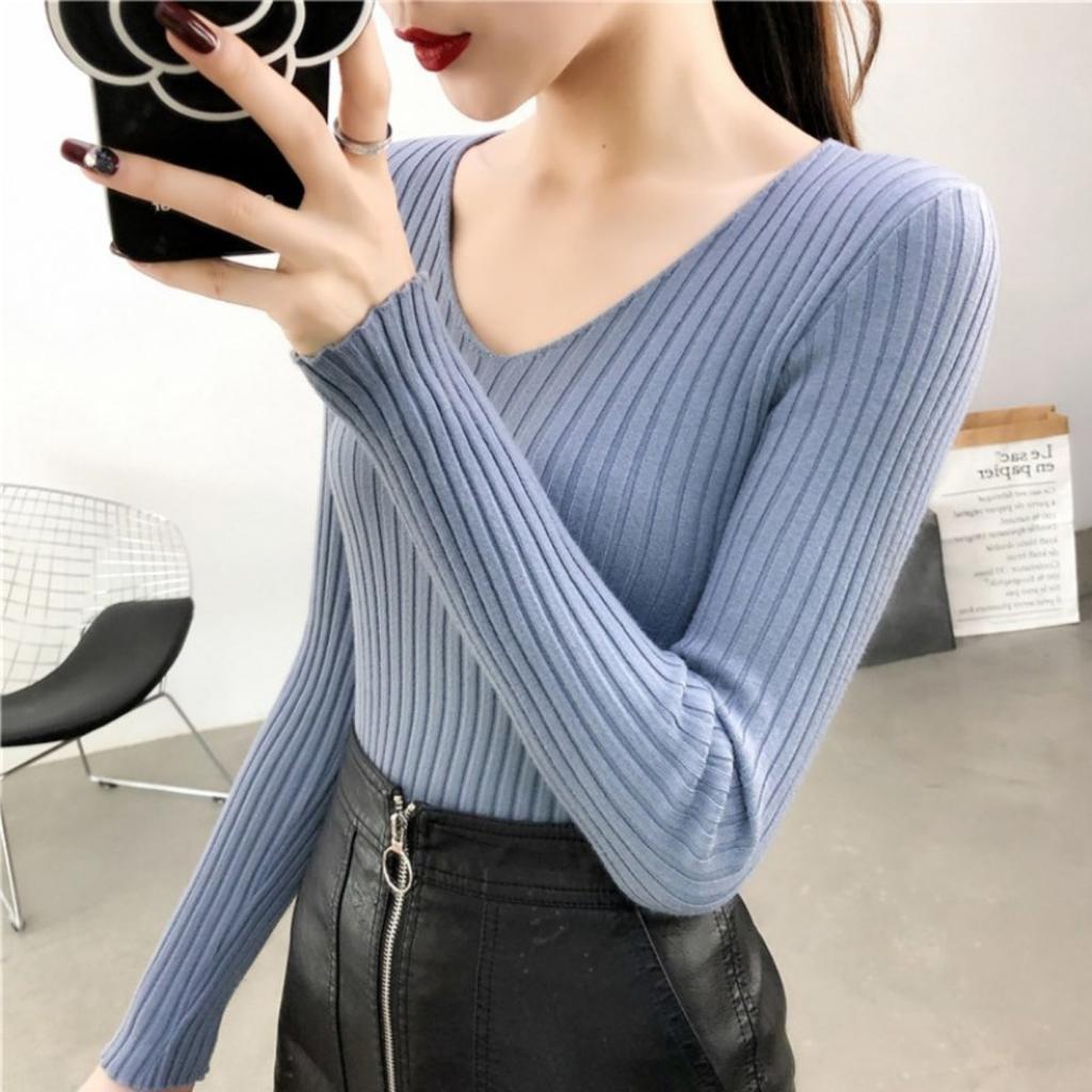 V-neck Sweater, Knitted Sweater, Women's Sweater, Stretch Sweater, Pullover Sweater, Slim Fit Sweater, Base Coat, Inner Layer, Top Coat