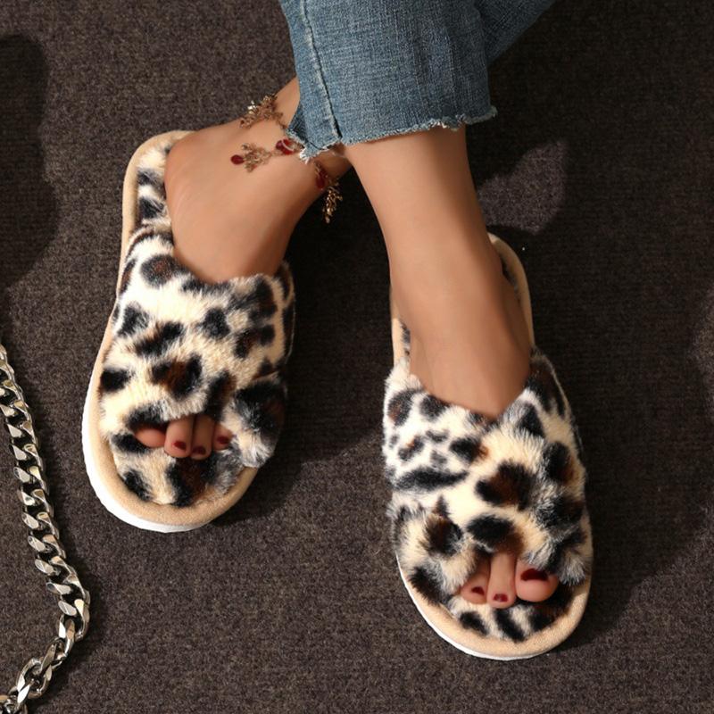 Fashion Leopard Print Fluffy Slippers Women Light Faux Fur Warm Home Slippers Woman Comfort Flat Heel Plush House Slides Shoes