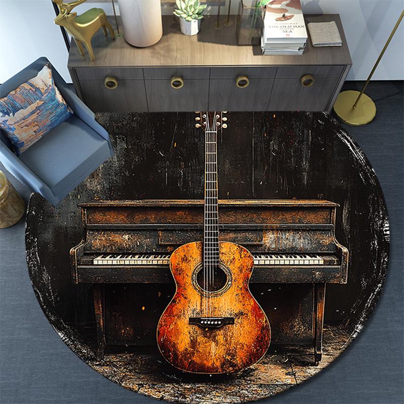 Guitar and Piano Round Area Rug,Carpet Rug for Living Room Bedroom Sofa Playroom Decor,Non-slip Floor Mat