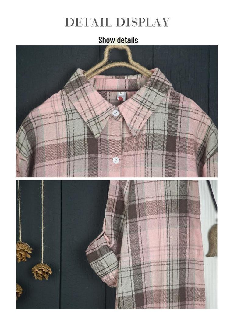 Camicia Giacca da Donna a Quadri Rosa in Cotone e Lino di Media Lunghezza Larga Primavera/Autunno