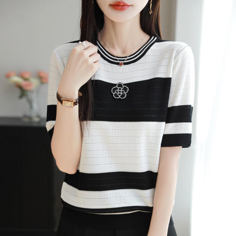 Women Knit T-shirt MODERN NEW SAGA Summer Knitted Shirt Short Sleeve Tees O-neck Patchwork Pullover Knit Tops