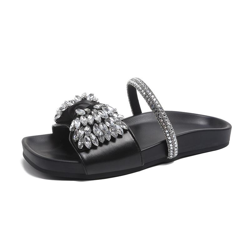 Summer 2025 new thick-bottomed rhinestone bow cool slippers women's summer wear versatile with skirt French flat-bottomed drag