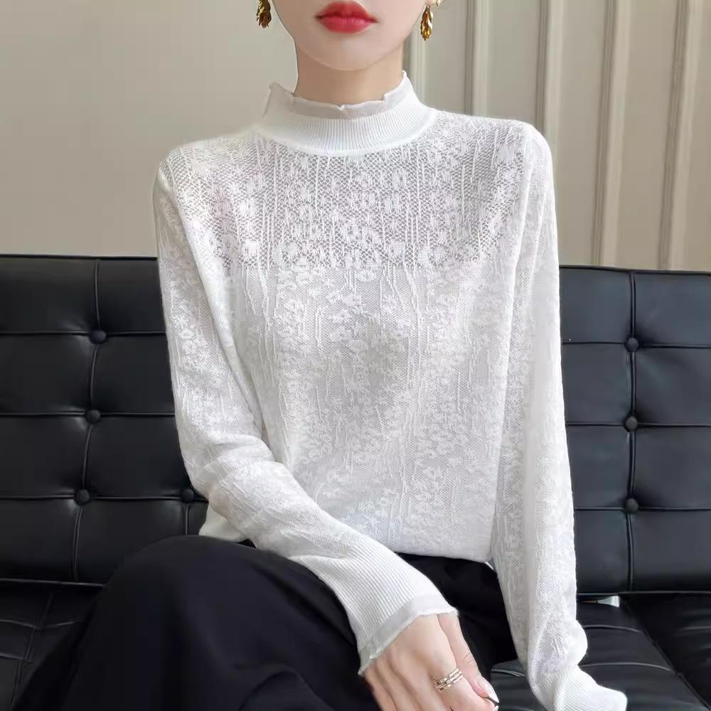 Autumn Winter Half High Collar Lace Crochet Sweet Sweater Women Ruffles Solid Color All-match Bottomed Knitting Top