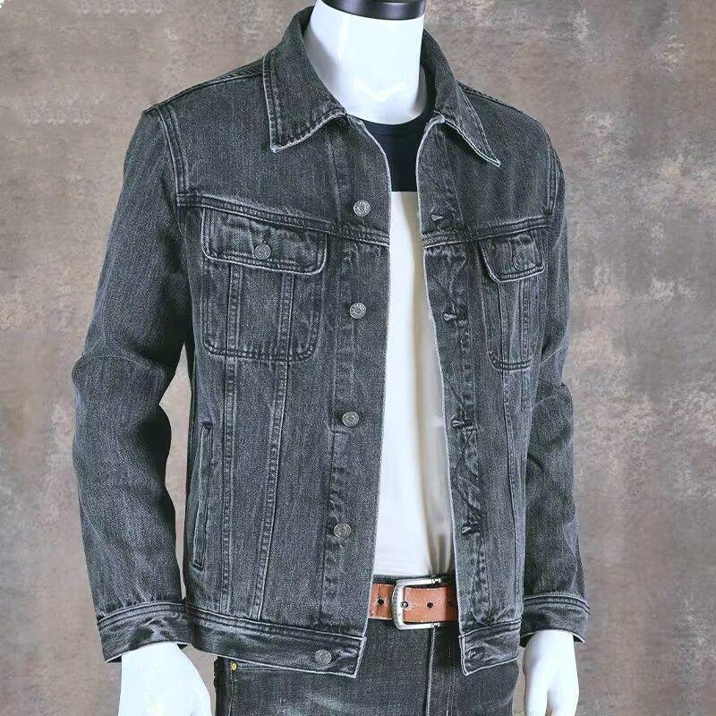 Men's Trendy Retro Motorcycle Denim Jacket - Slim Fit, Fashionable Baseball Collar for Autumn and Winter.