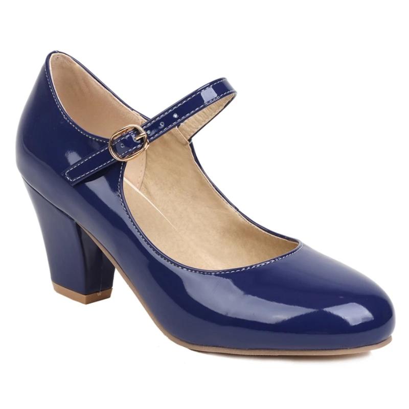 Women's Block High Heels Pumps Big Size 45 Lolita Mary Jane Shoes Elegant Black Red Pink Blue Heeled Office Wedding Shoes Ladies